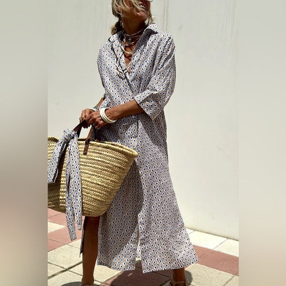 Dresses & Skirts - Minimalist Tied Button Up Three-Quarter Sleeve Dress